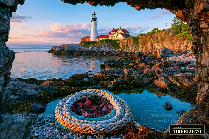 A lighthouse near a rocky tide pool is visible through a stone arch, with the sun setting over the water.