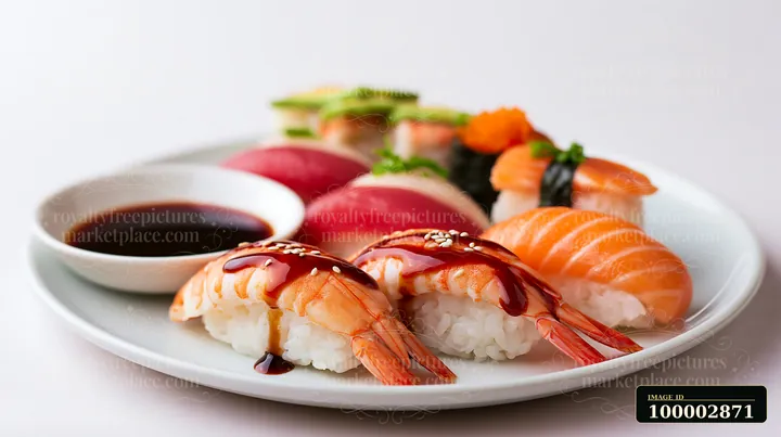 A sushi platter displays various types of sushi, including shrimp and rolls, arranged neatly.