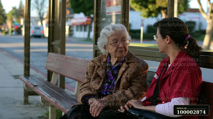 A senior woman with dementia listens to a caregiver while they sit on a bench at a bus stop.