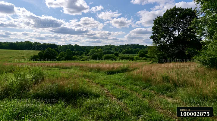 A meadow recovering after mowing shows fresh grass and green foliage under a blue sky with clouds.