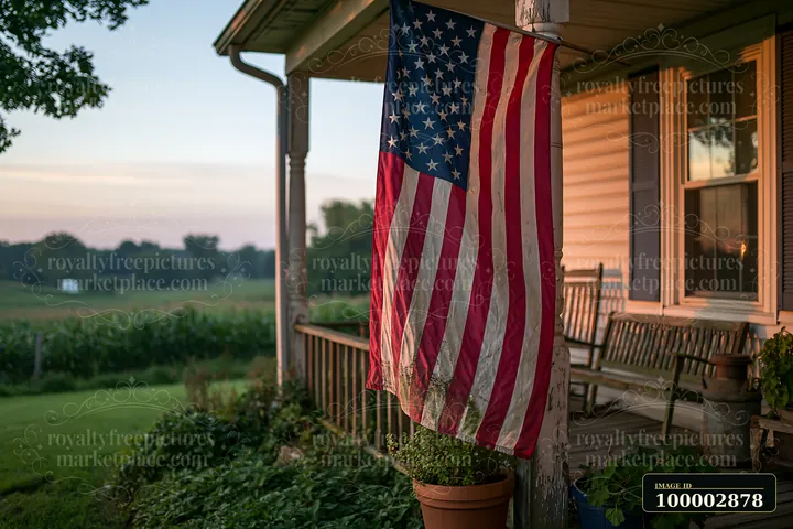 An American flag on a rural farmhouse porch sways gently in the evening breeze.