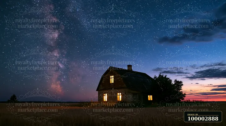 A house stands in a field with warm lights glowing from the windows under a starry sky at dusk.