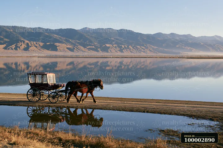 A horse pulling carriage walks along a dirt path by a lake, reflecting the mountains in the background during sunrise.