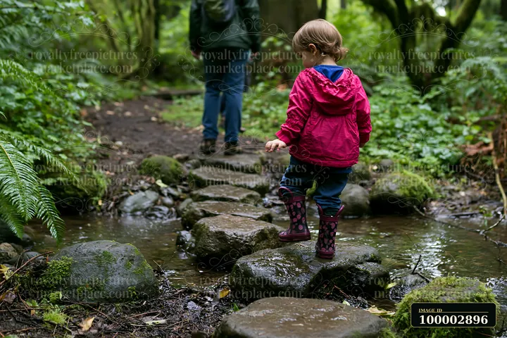 A child walks across stones in a small creek in ancient forest.