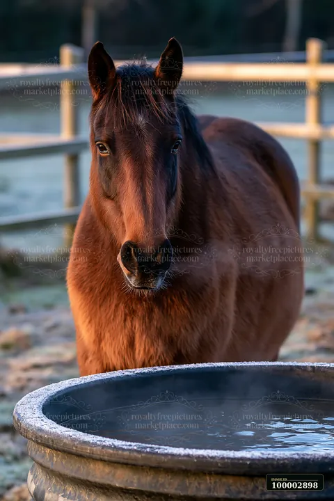 A brown horse stands next to a water trough on a chilly morning, breathing out steam in the cold air.
