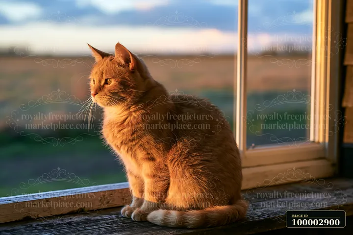 A cat sitting on a windowsill of a country house looks outside during sunset, with a view of fields and a sky filled with warm light.