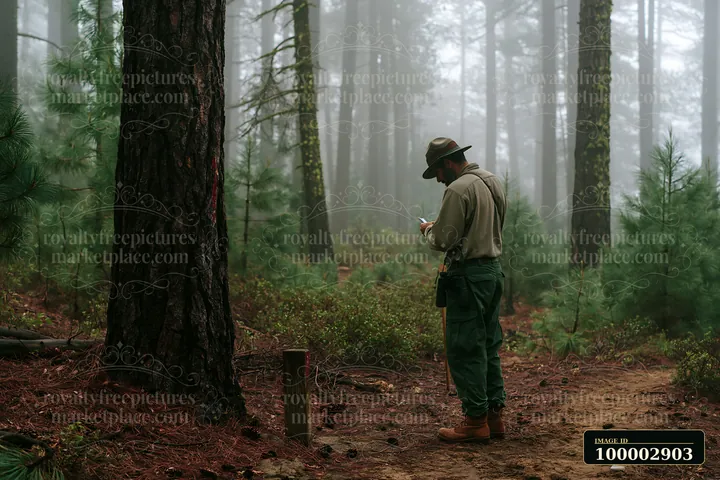 A person stands in a foggy pine forest, surrounded by tall trees and dense underbrush.