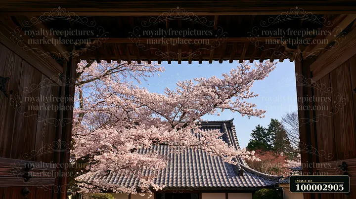 Cherry blossoms viewed through a temple gate showcase delicate pink flowers against a clear blue sky.