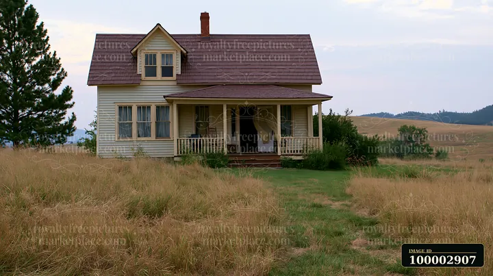 A country house with open front door sits in a grassy field surrounded by tall grass and trees.