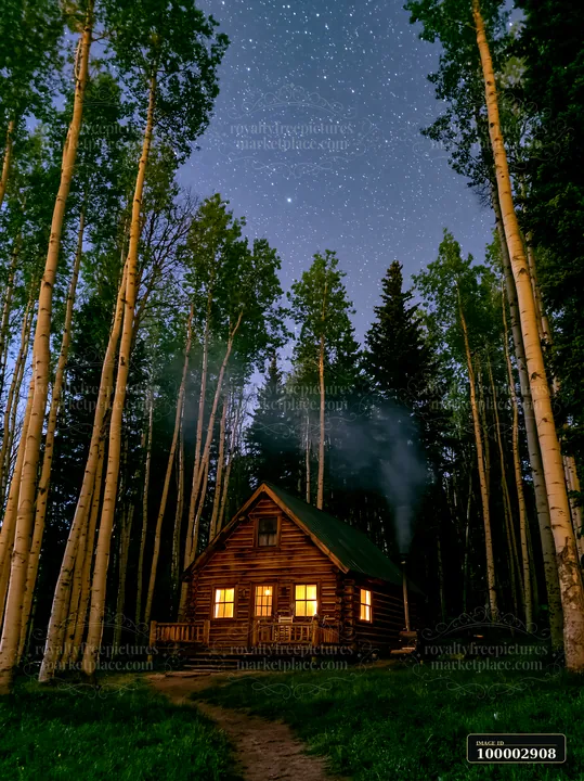A wooden cabin sits surrounded by tall trees, with smoke rising from the chimney under a clear night sky full of stars.