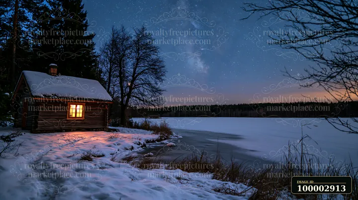 A snow-covered cabin under stars stands beside a frozen lake.