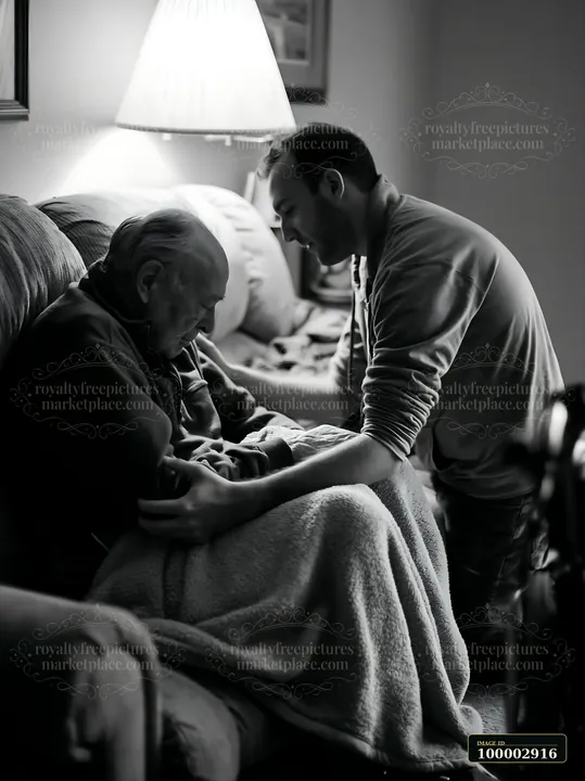 A young man interacts with an elder man seated on a couch at home.