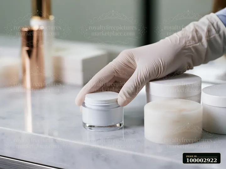 A hand in a glove places a creamy product beside unbranded cosmetic containers on a marble surface.