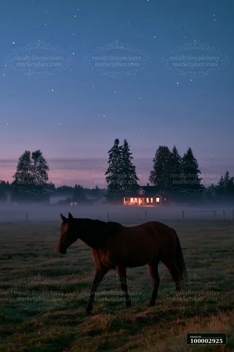 Horses crossing a field beneath stars move slowly in the misty evening.