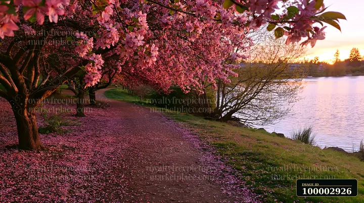 Flowering trees with petals covering a path create a scenic view near a lake during sunset.