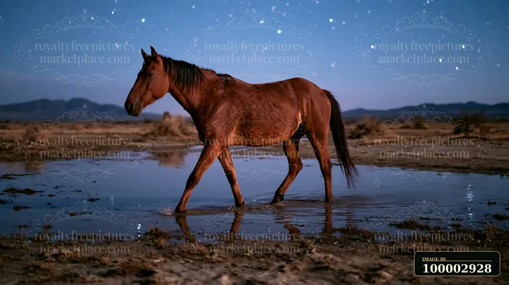 A horse in a starlit desert walks through a shallow pool of water under a clear night sky.