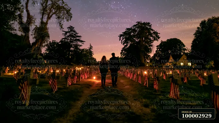 A couple walks hand in hand through a cemetery filled with American flags at night, surrounded by glowing candles and a dark blue sky full of stars.