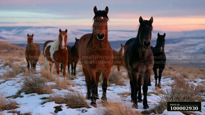 A group of wild horses is seen grazing near canyon cliffs during sunset.