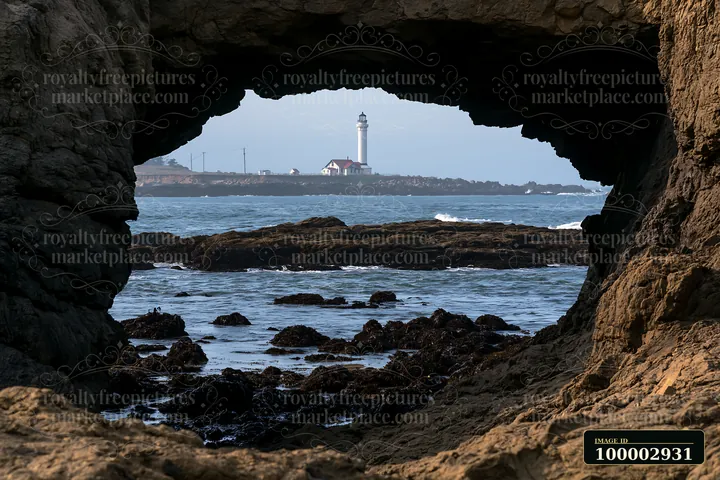 The coastline viewed through sea cave shows rocks and water as light filters through.