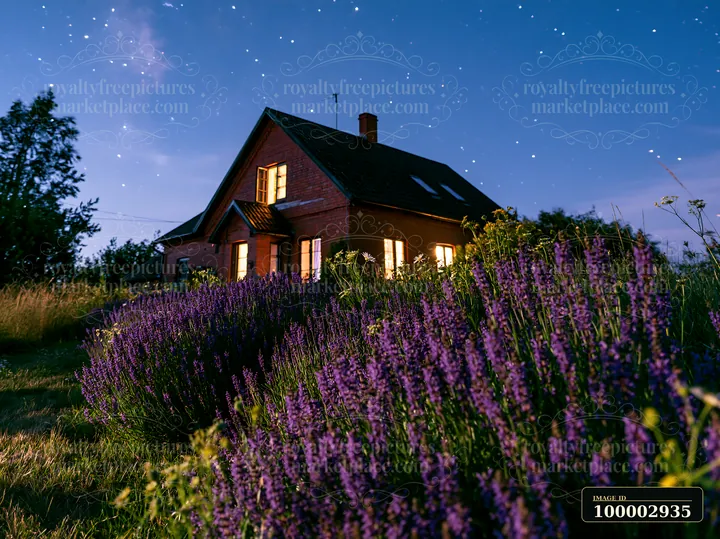 A house with illuminated windows sits under a starry sky, surrounded by wildflowers in the foreground.