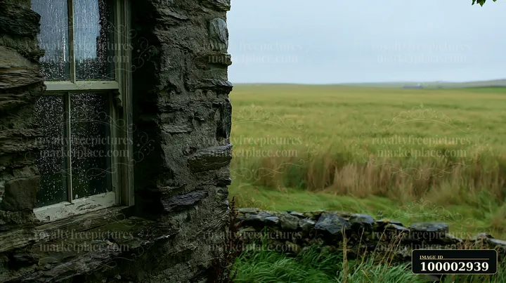 Raindrops splash on the window of a small stone cottage, offering a glimpse into green fields beyond.