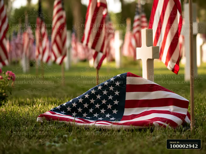Crosses and US flags in a military cemetery mark the graves of fallen servicemen.