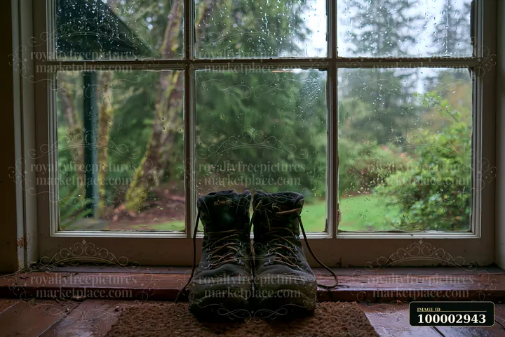 Raindrops can be seen on the window of a forest cabin as hiking boots rest on the floor.