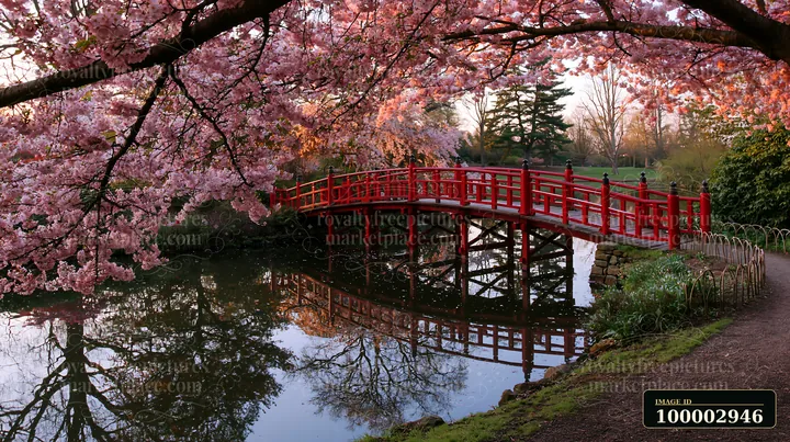 Cherry blossoms and a red Japanese bridge create a scenic view over a pond in a park, reflecting the flowers and bridge in calm water during early spring.