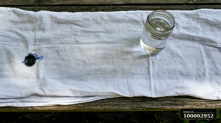 A watercolor stain on muslin fabric sits on a wooden surface, with a glass jar of water placed beside it.