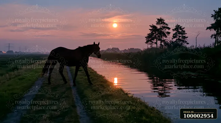 A horse silhouette stands along a riverbank under a full moon.
