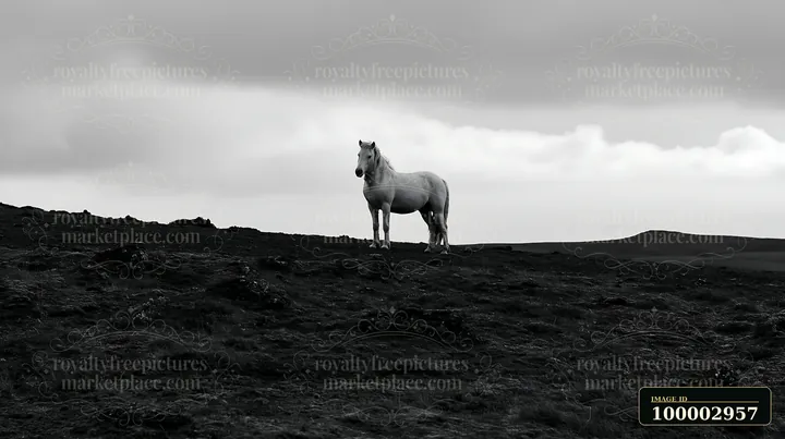 A horse stands alone on a dark mountain ridge surrounded by rocky terrain.