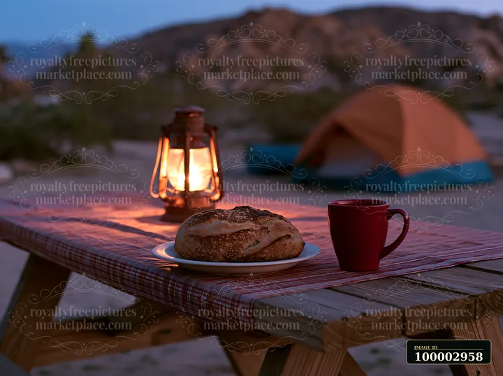 A table holds a loaf of bread and a cup of coffee near a glowing lantern at a desert campsite.