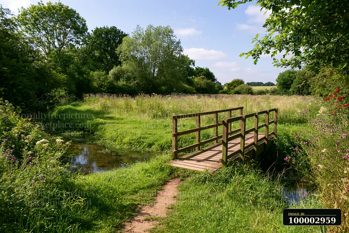 A footpath through wildflower meadow leads to a wooden bridge over a stream.