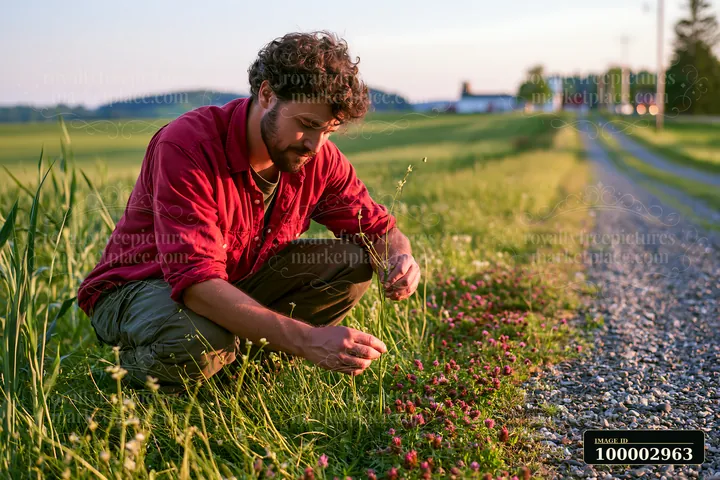 A farmer inspecting meadow crops kneels beside a dirt path, examining plants against a backdrop of fields and distant hills during sunset.