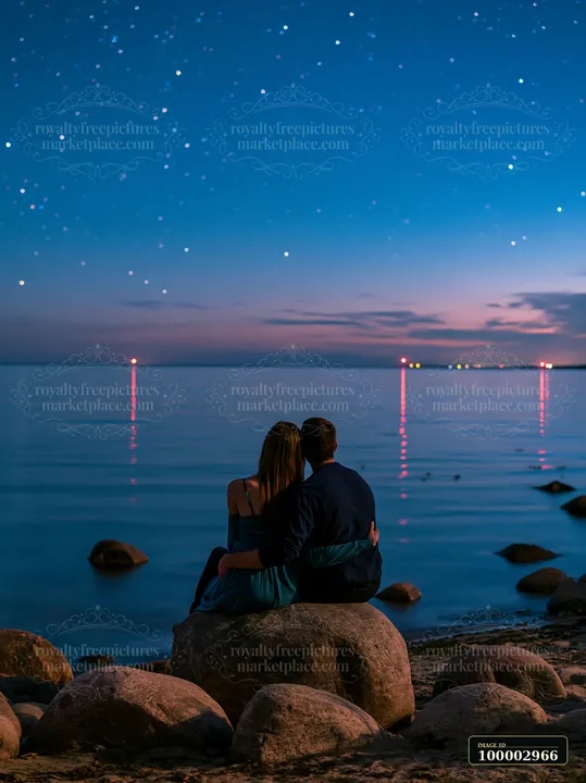 A couple sits on a rock by the water, looking at the stars above.