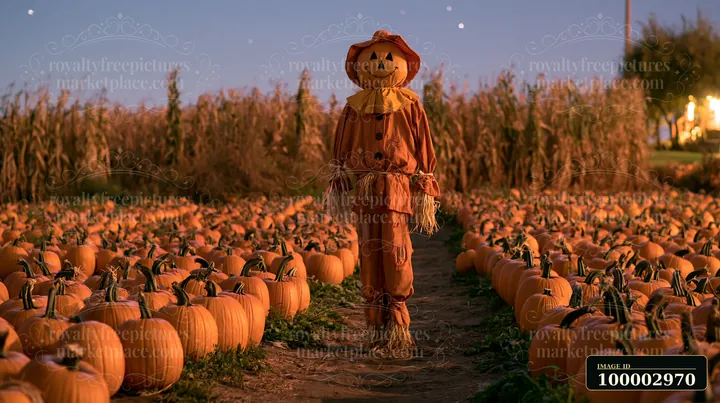 A scarecrow with stars above a pumpkin patch watches over rows of pumpkins at dusk.