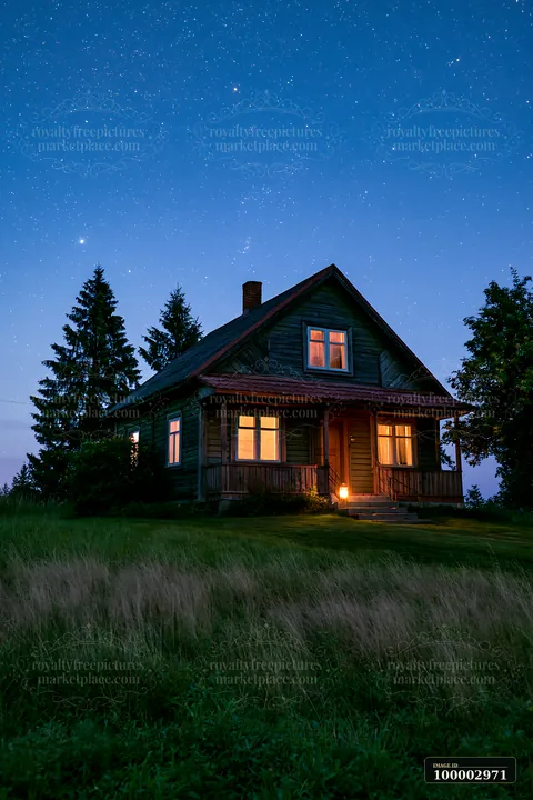A wooden country house sits beneath a starry sky at night.