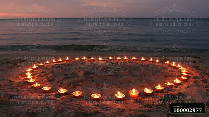 Candles arranged in a circle on the sand create a warm glow as the sun sets over the ocean, highlighting the calm water and the soft waves.