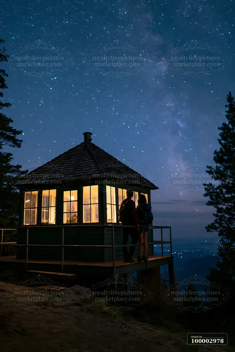 A couple watches stars from a mountain lookout cabin.