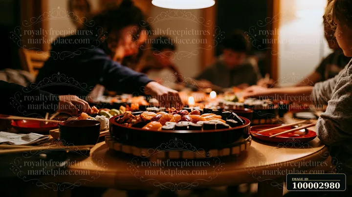A group gathers around a table enjoying a sushi dinner under warm lighting.