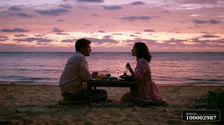 A couple enjoys a romantic sushi dinner on the beach while the sun sets over the ocean.