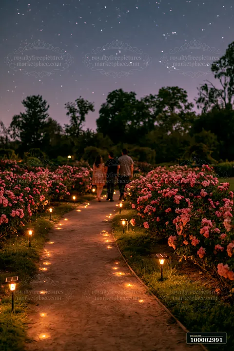 A couple walks along a path lined with illuminated rose bushes under a starry sky in a garden.