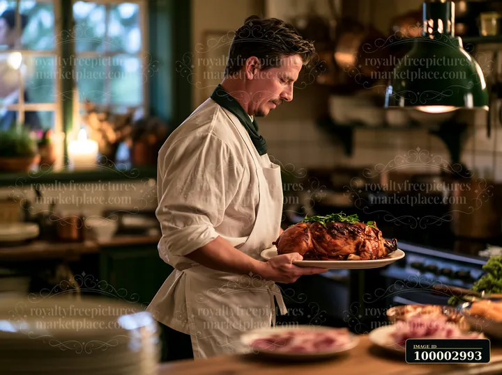 A chef carries a roast pig garnished with fresh herbs to a dining table in a cozy kitchen.
