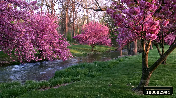 Blooming trees after a spring storm create a vibrant scene near a flowing stream.