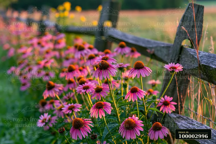 Echinacea flowers in prairie grow along a wooden fence during golden hour.