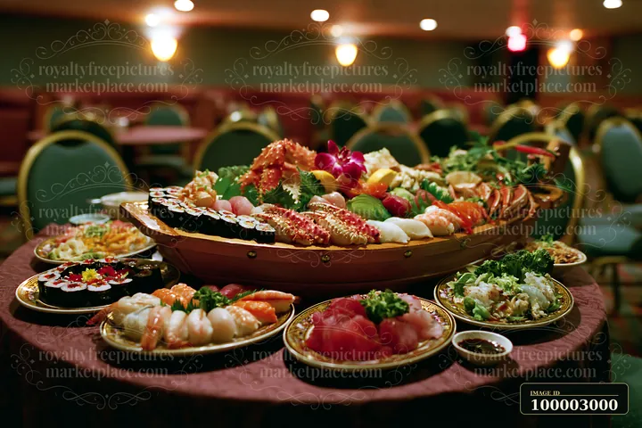 A sushi boat with assorted seafood sits on a table surrounded by various plates of sushi and other seafood dishes in a dining setting.