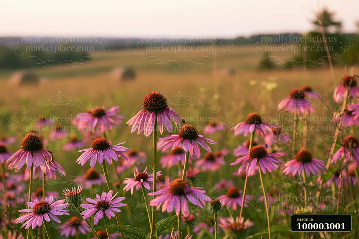 Echinacea flowers in prairie fill the foreground with vibrant colors under a soft evening light.