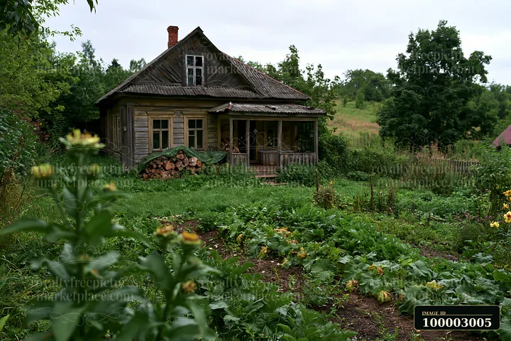 A rural cottage stands surrounded by greenery, with a stack of firewood beside it.