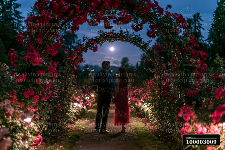 A couple stands in a rose garden surrounded by blooming flowers at night.