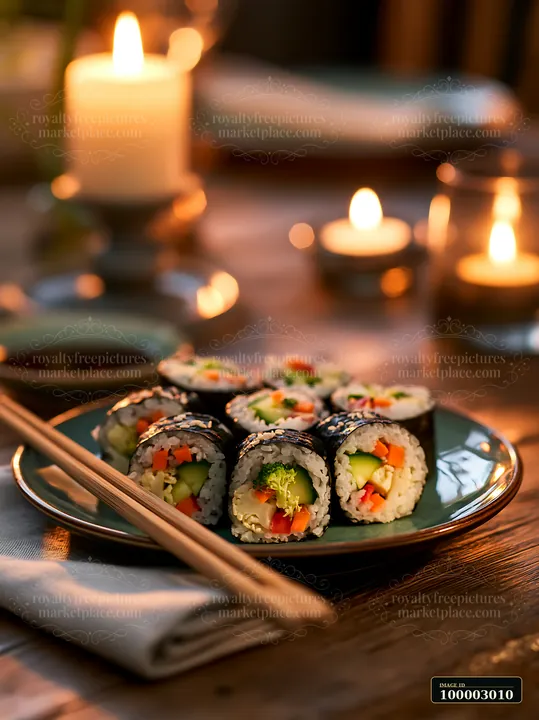 Sushi dinner under warm lighting features a plate of sushi rolls surrounded by candles.